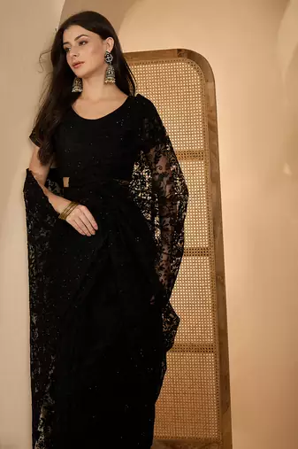 Black heavy net embroidered saree with belt diamond embellished designer party & reception saree