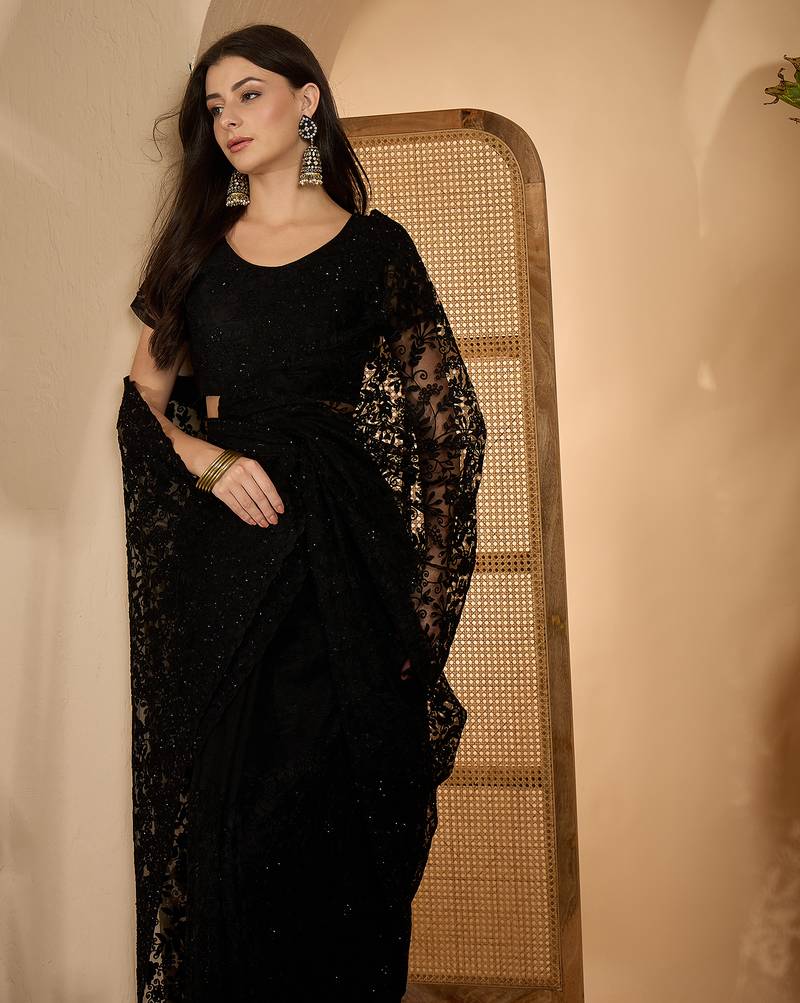 Black heavy net embroidered saree with belt diamond embellished designer party & reception saree