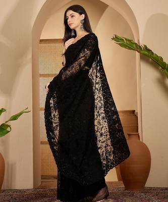 Black heavy net embroidered saree with belt diamond embellished designer party & reception saree 4