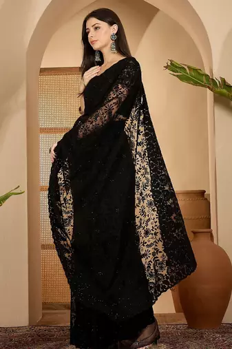 Black heavy net embroidered saree with belt diamond embellished designer party & reception saree