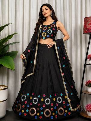Black Embroidery and sequins and Aari mirror Silk Blend Lahenga Choli Set 1
