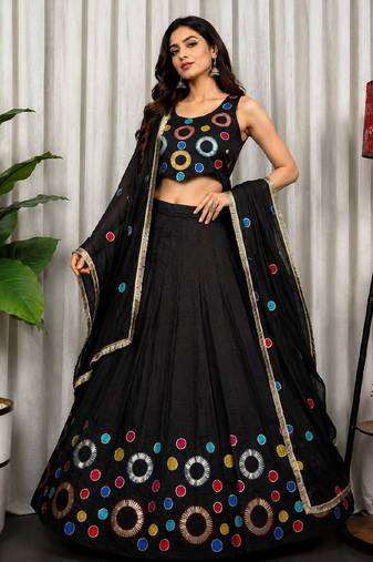 Black Embroidery and sequins and Aari mirror Silk Blend Lahenga Choli Set