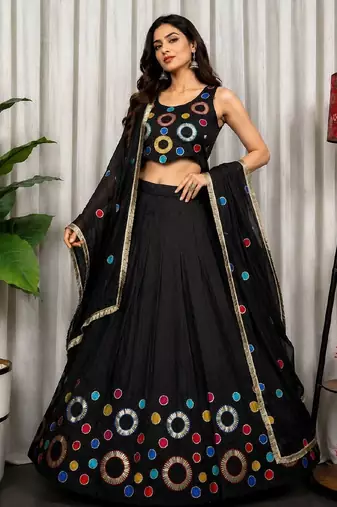 Black Embroidery and sequins and Aari mirror Silk Blend Lahenga Choli Set