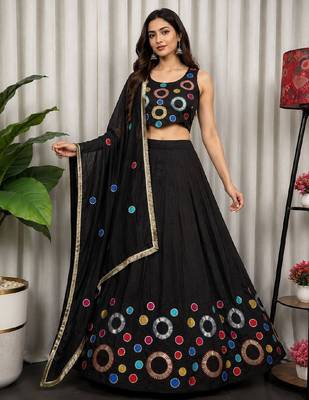 Black Embroidery and sequins and Aari mirror Silk Blend Lahenga Choli Set 3