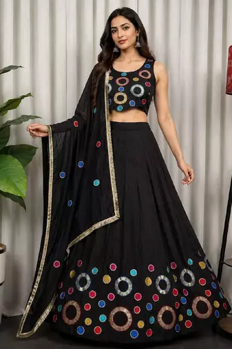 Black Embroidery and sequins and Aari mirror Silk Blend Lahenga Choli Set