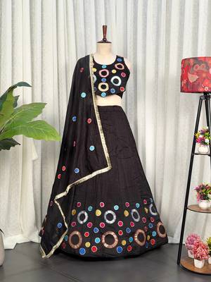 Black Embroidery and sequins and Aari mirror Silk Blend Lahenga Choli Set 4