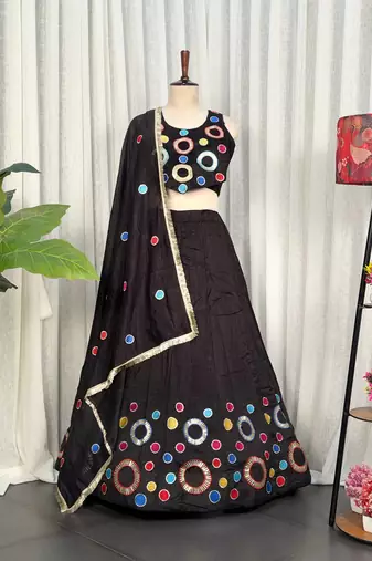 Black Embroidery and sequins and Aari mirror Silk Blend Lahenga Choli Set