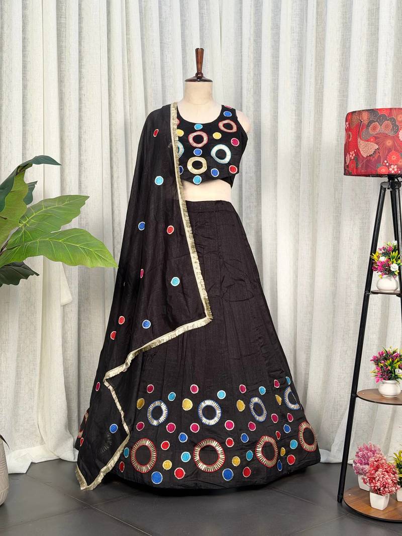 Black Embroidery and sequins and Aari mirror Silk Blend Lahenga Choli Set