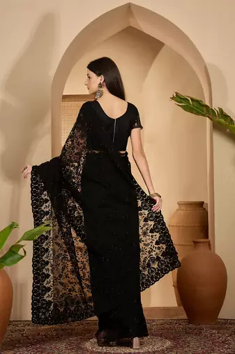 Black heavy net embroidered saree with belt diamond embellished designer party & reception saree