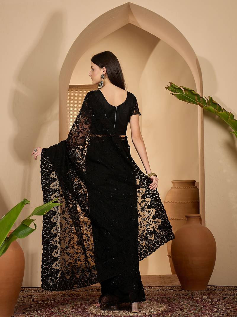 Black heavy net embroidered saree with belt diamond embellished designer party & reception saree