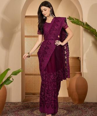 Wine purple heavy net embroidered saree with belt diamond embellished designer festive party saree 1