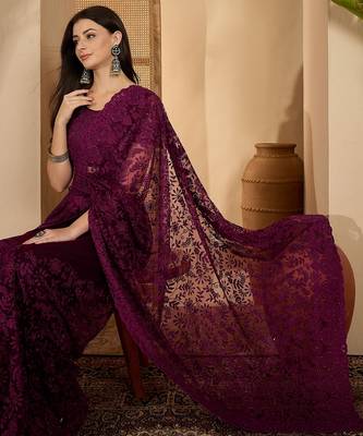 Wine purple heavy net embroidered saree with belt diamond embellished designer festive party saree 2