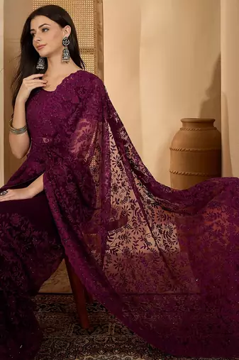 Wine purple heavy net embroidered saree with belt diamond embellished designer festive party saree