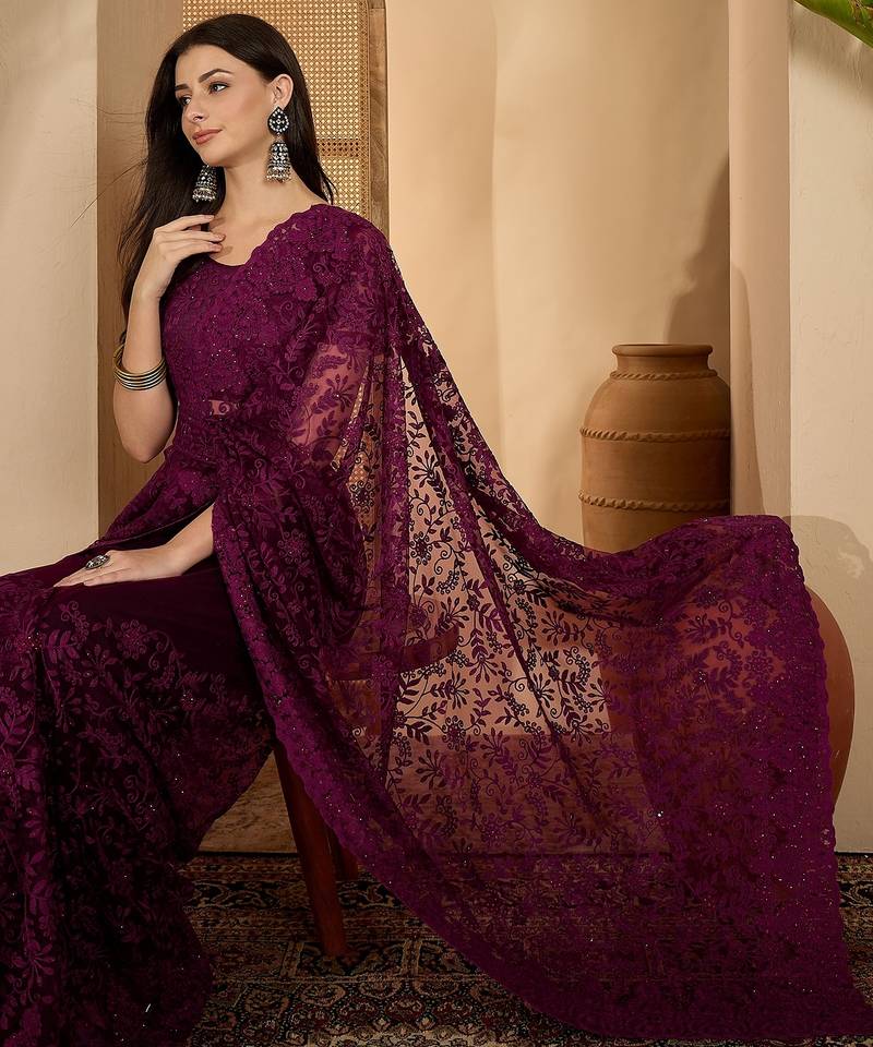 Wine purple heavy net embroidered saree with belt diamond embellished designer festive party saree