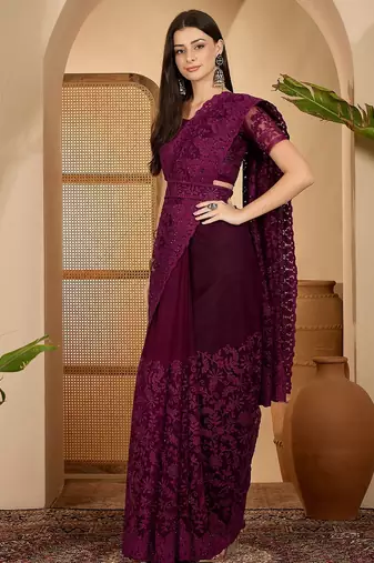 Wine purple heavy net embroidered saree with belt diamond embellished designer festive party saree