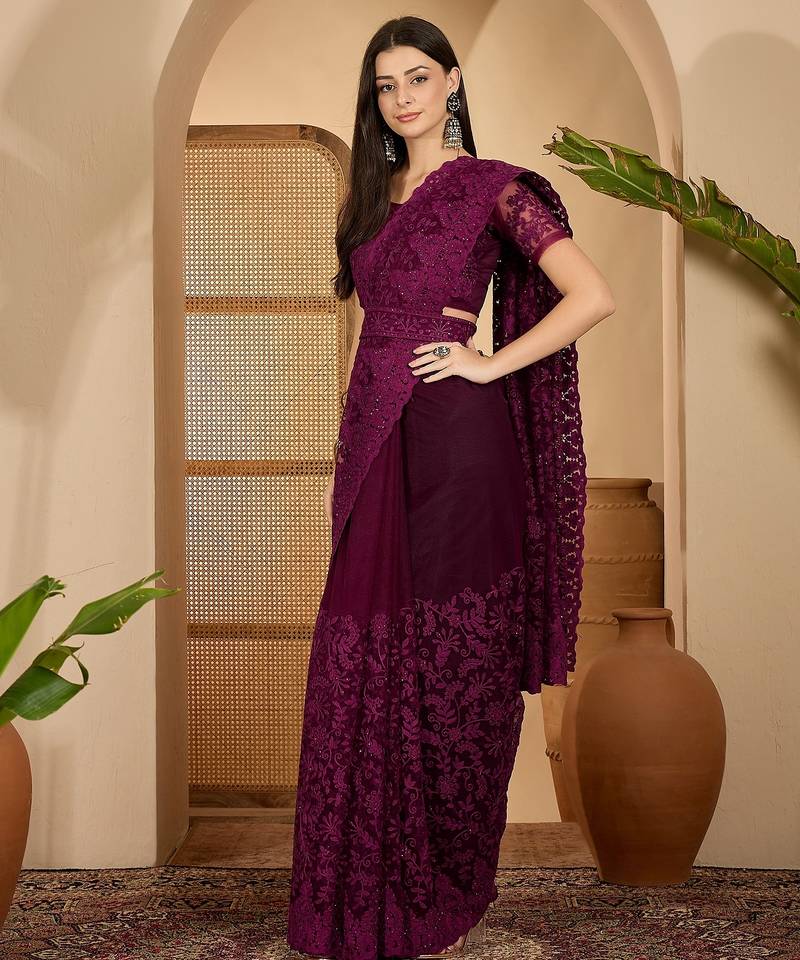 Wine purple heavy net embroidered saree with belt diamond embellished designer festive party saree
