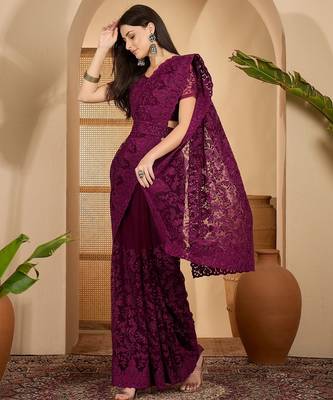 Wine purple heavy net embroidered saree with belt diamond embellished designer festive party saree 4