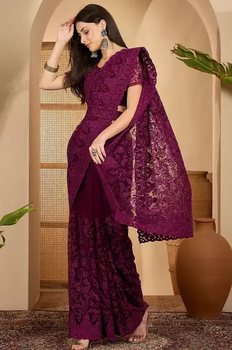 Wine purple heavy net embroidered saree with belt diamond embellished designer festive party saree