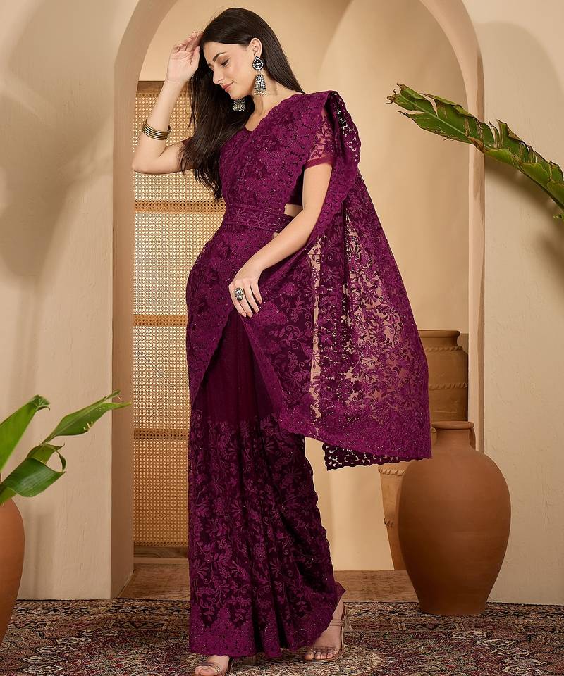 Wine purple heavy net embroidered saree with belt diamond embellished designer festive party saree