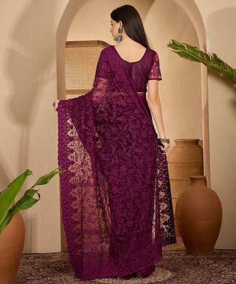 Wine purple heavy net embroidered saree with belt diamond embellished designer festive party saree 5