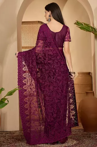 Wine purple heavy net embroidered saree with belt diamond embellished designer festive party saree