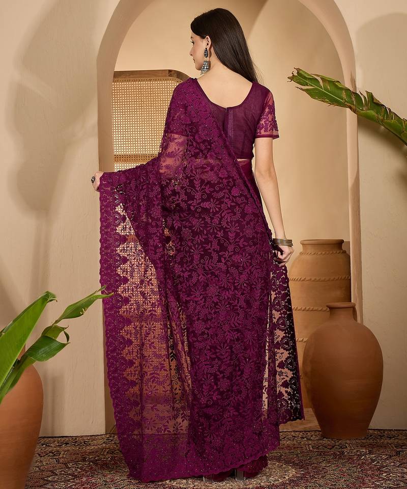 Wine purple heavy net embroidered saree with belt diamond embellished designer festive party saree
