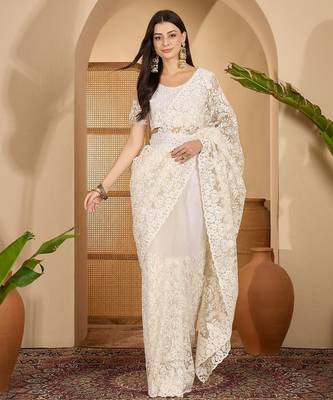 White heavy net embroidered saree with belt diamond embellished designer wedding & party saree 1