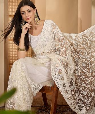 White heavy net embroidered saree with belt diamond embellished designer wedding & party saree 2