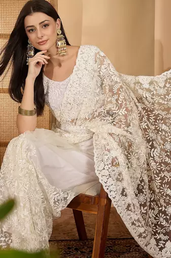 White heavy net embroidered saree with belt diamond embellished designer wedding & party saree