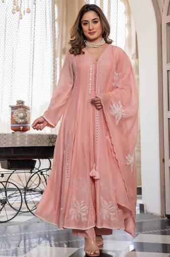 Women's Gorgeous Embroidery Work Chanderi Silk Fabric Flared Anarkali Pant and Dupatta Set