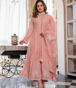 Women's Gorgeous Embroidery Work Chanderi Silk Fabric Flared Anarkali Pant and Dupatta Set