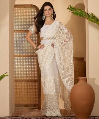 White heavy net embroidered saree with belt diamond embellished designer wedding & party saree 3