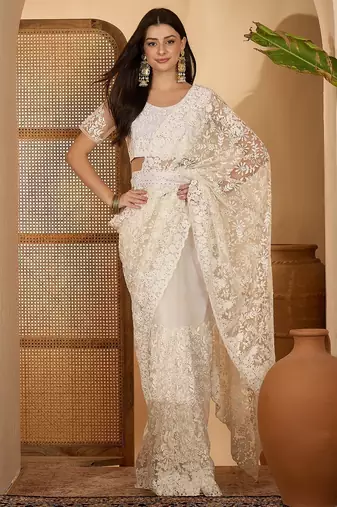 White heavy net embroidered saree with belt diamond embellished designer wedding & party saree