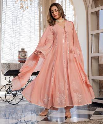 Women's Gorgeous Embroidery Work Chanderi Silk Fabric Flared Anarkali Pant and Dupatta Set 3