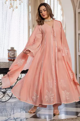 Women's Gorgeous Embroidery Work Chanderi Silk Fabric Flared Anarkali Pant and Dupatta Set