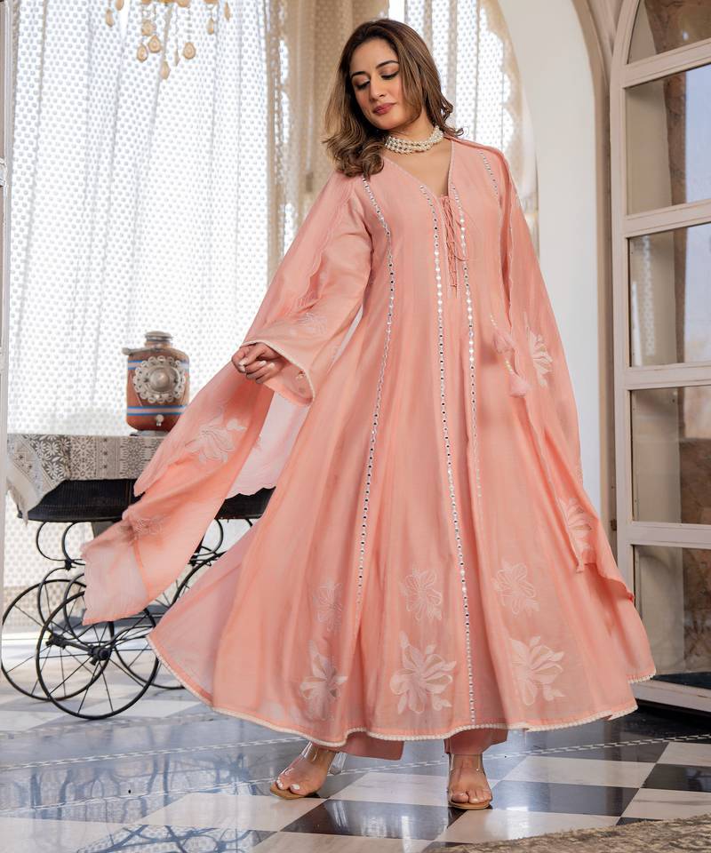 Women's Gorgeous Embroidery Work Chanderi Silk Fabric Flared Anarkali Pant and Dupatta Set