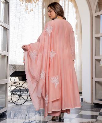 Women's Gorgeous Embroidery Work Chanderi Silk Fabric Flared Anarkali Pant and Dupatta Set 4
