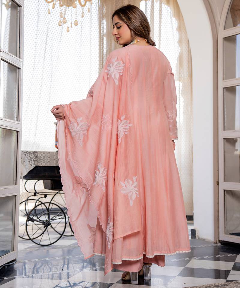 Women's Gorgeous Embroidery Work Chanderi Silk Fabric Flared Anarkali Pant and Dupatta Set