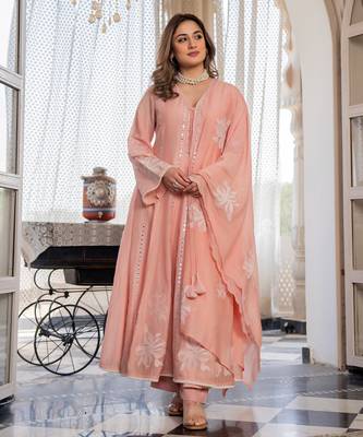 Women's Gorgeous Embroidery Work Chanderi Silk Fabric Flared Anarkali Pant and Dupatta Set 5