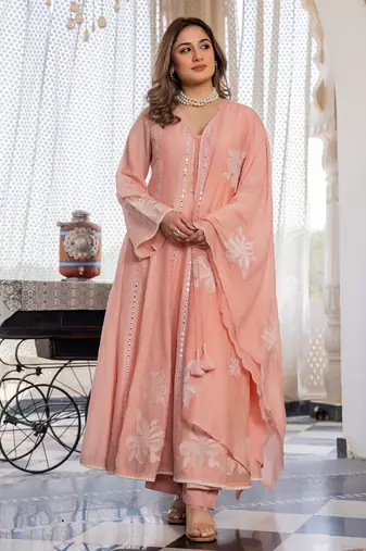 Women's Gorgeous Embroidery Work Chanderi Silk Fabric Flared Anarkali Pant and Dupatta Set