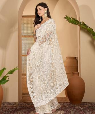 White heavy net embroidered saree with belt diamond embellished designer wedding & party saree 4