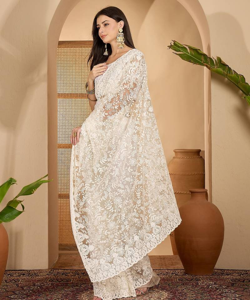 White heavy net embroidered saree with belt diamond embellished designer wedding & party saree