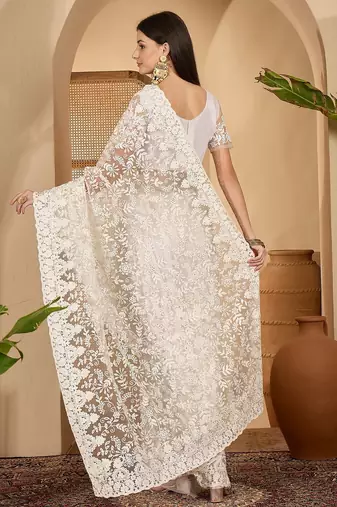 White heavy net embroidered saree with belt diamond embellished designer wedding & party saree