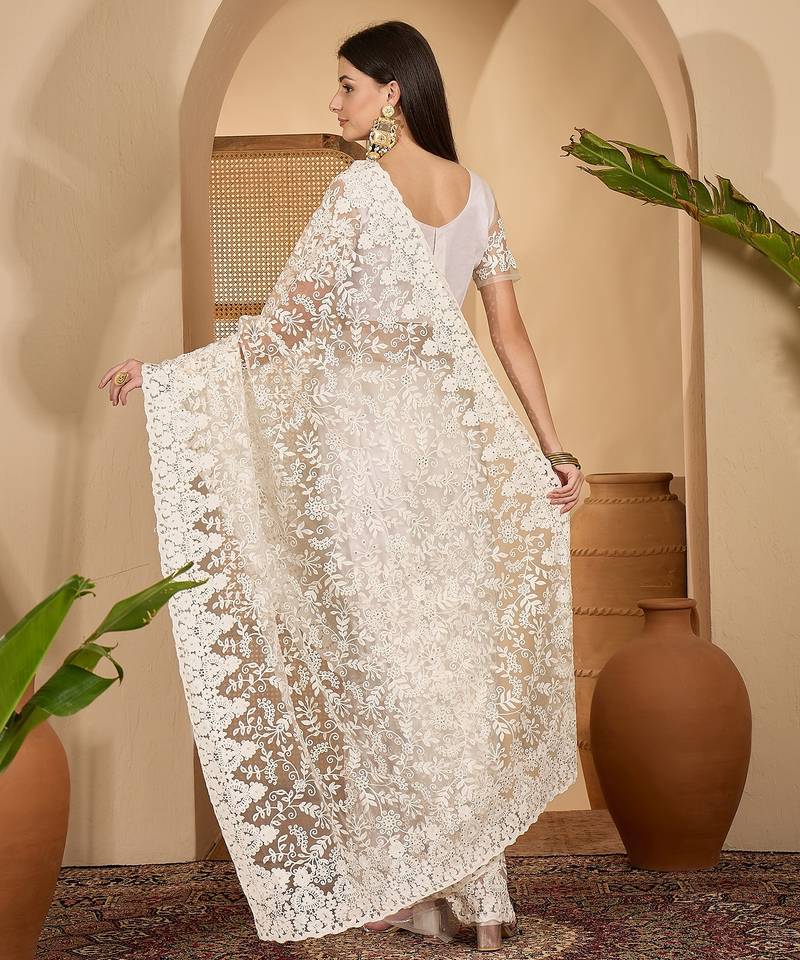 White heavy net embroidered saree with belt diamond embellished designer wedding & party saree