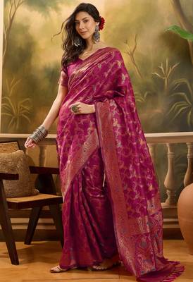 royal magenta banarasi jacquard saree with zari weaving, mina & lace work 1