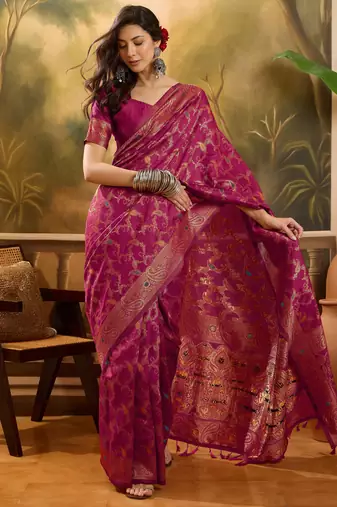 royal magenta banarasi jacquard saree with zari weaving, mina & lace work
