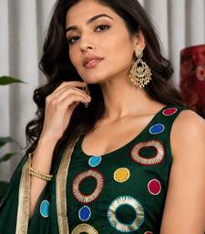 Dark Green Embroidery and sequins and Aari mirror Silk Blend Lahenga Choli Set