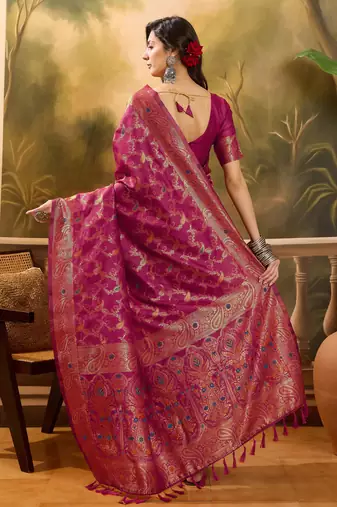 royal magenta banarasi jacquard saree with zari weaving, mina & lace work