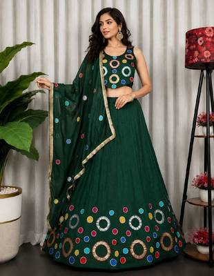 Dark Green Embroidery and sequins and Aari mirror Silk Blend Lahenga Choli Set 1