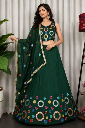 Dark Green Embroidery and sequins and Aari mirror Silk Blend Lahenga Choli Set
